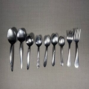 9pc Mixed Stainless Steel Flatware Lot Mismatched Spoons and Forks Floral Scroll
